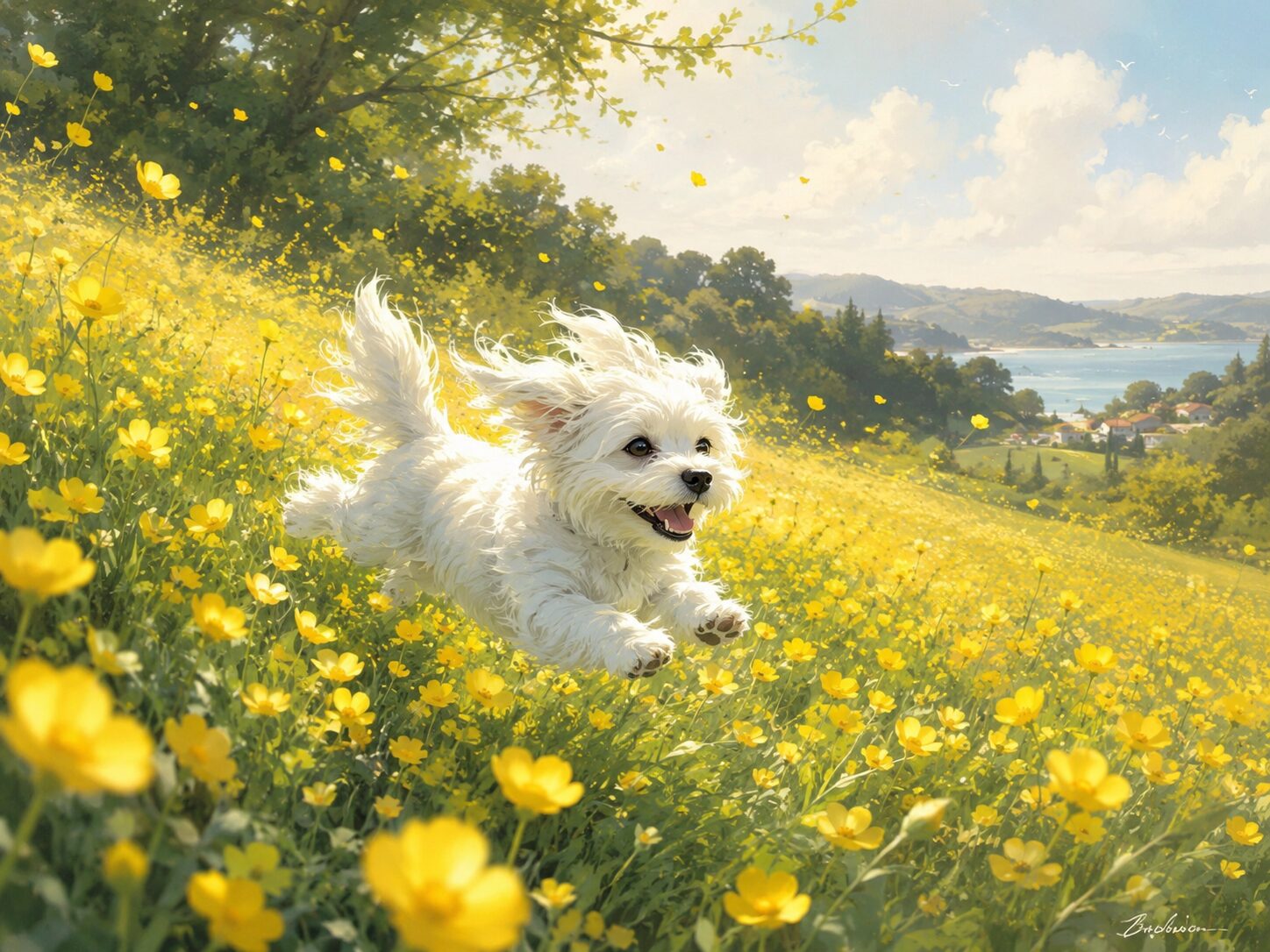 丘を駆ける白い犬