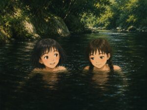 深い川で川遊び